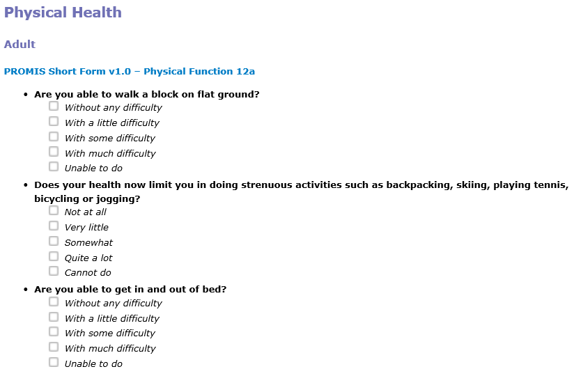 Examples of Standardized PROMIS Physical Health Questions for Adults