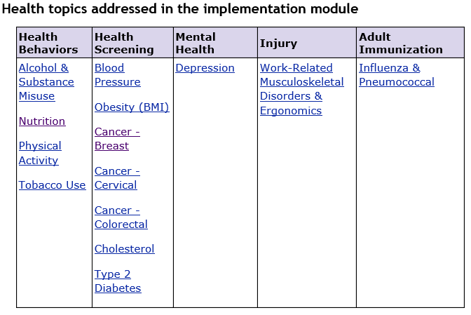 Health Topics addressed in the implementation model